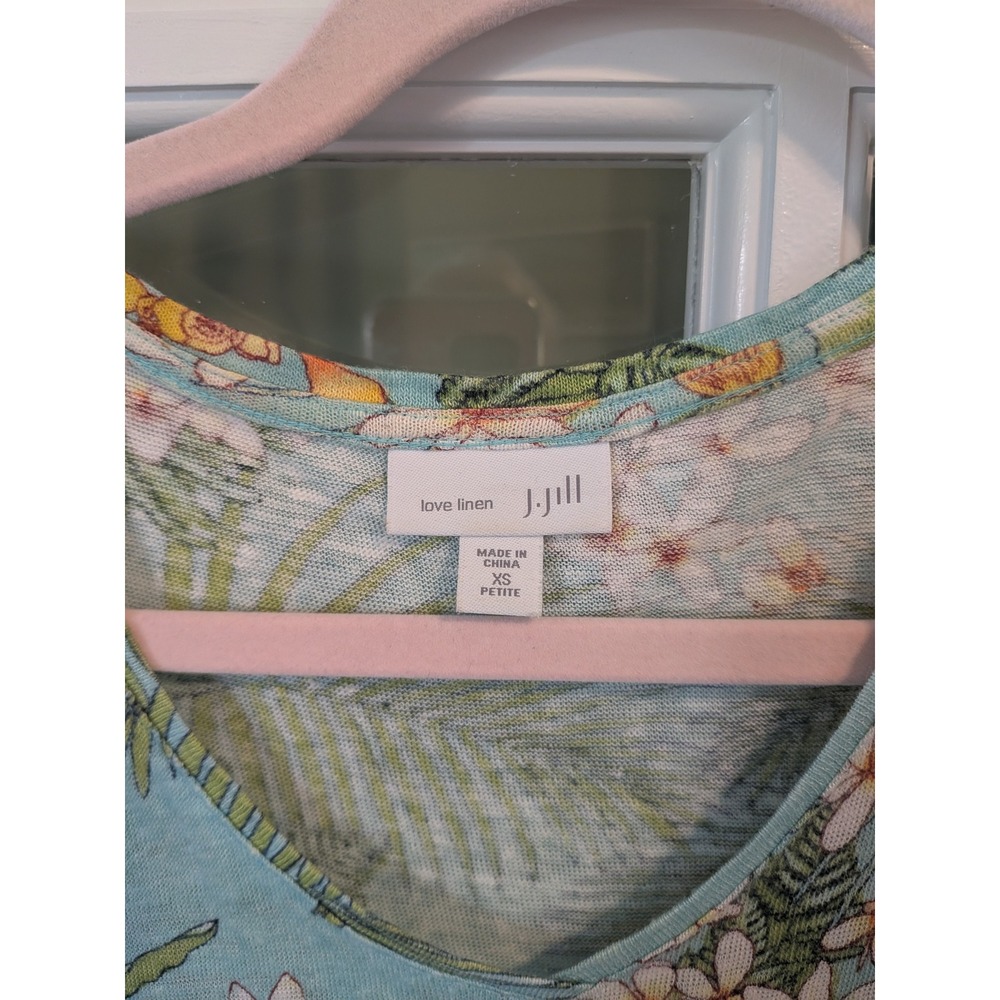 J. Jill Love Linen Tropical Floral Print V-Neck Short Sleeve Top Aqua XS Petite